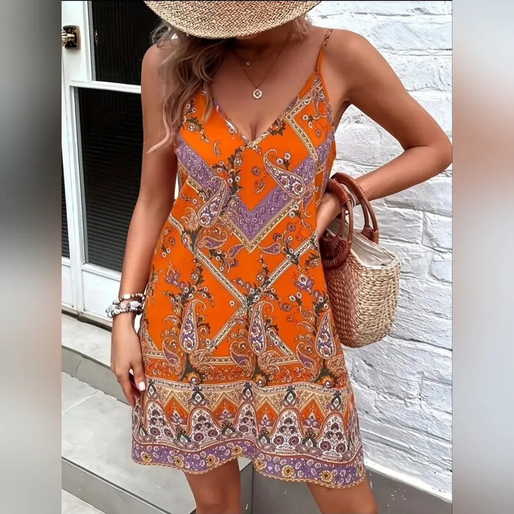 🆕️ Paisley Print Cami Dress, Boho V Neck Sleeveless Dress - Picture 4 of 7